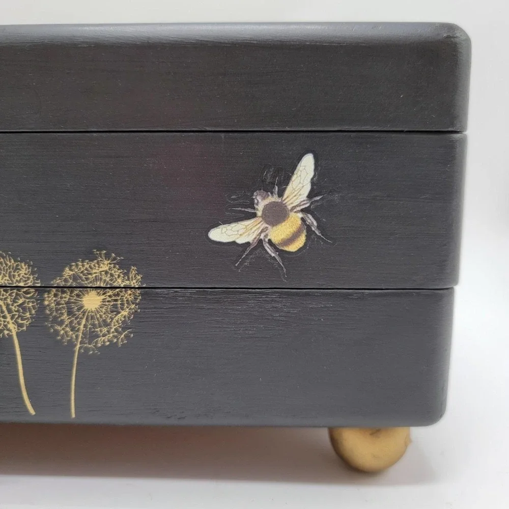 Vtg Wooden Jewelry Box Custom Hand Painted Black Gold Dragonfly Peacock